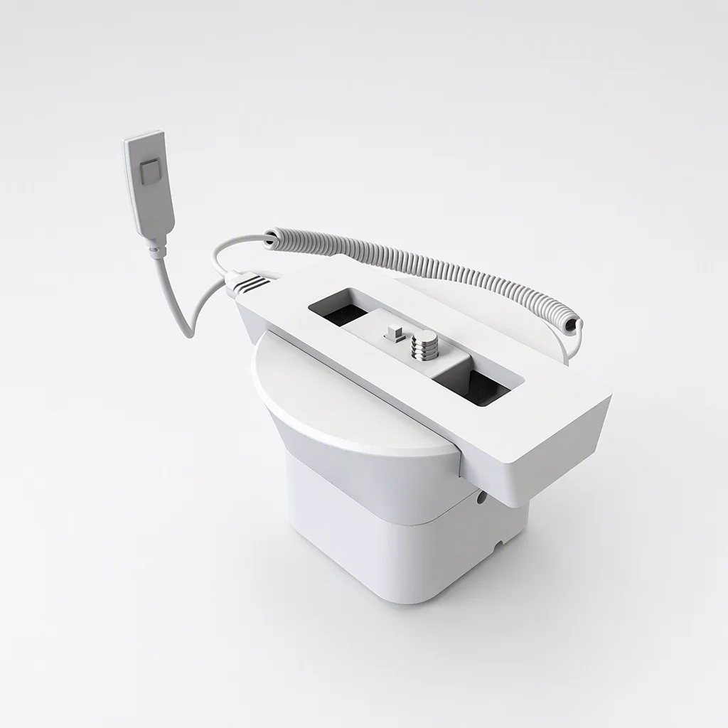 DE31CLA low-profile white security display base with external spring cable for cameras