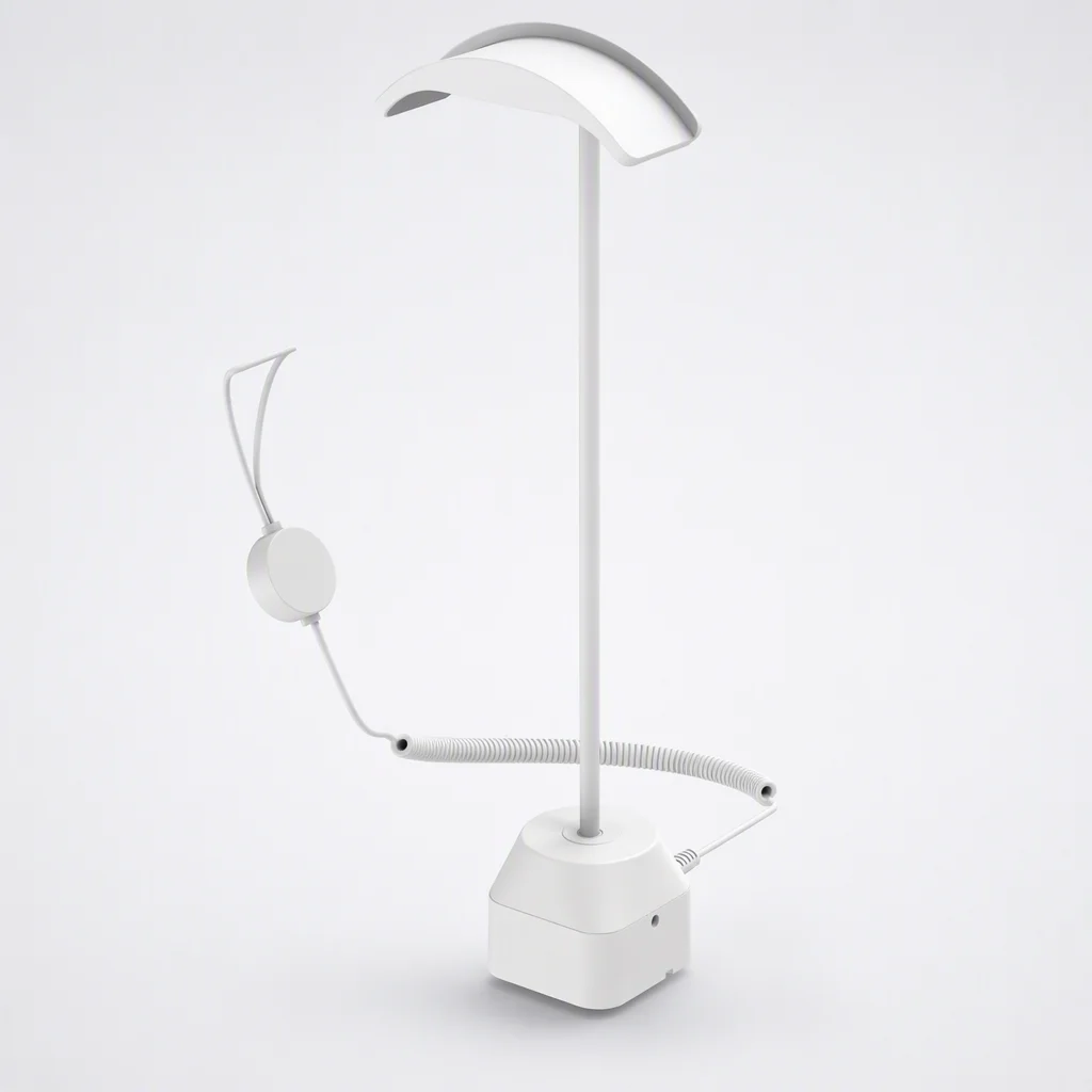 DE31ELA low-profile white security display base with external spring cable for headphones