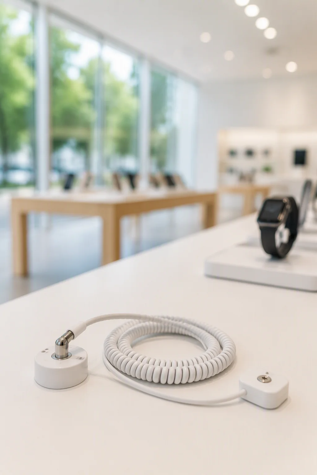 Neatly coiled retail security display cable on a white counter