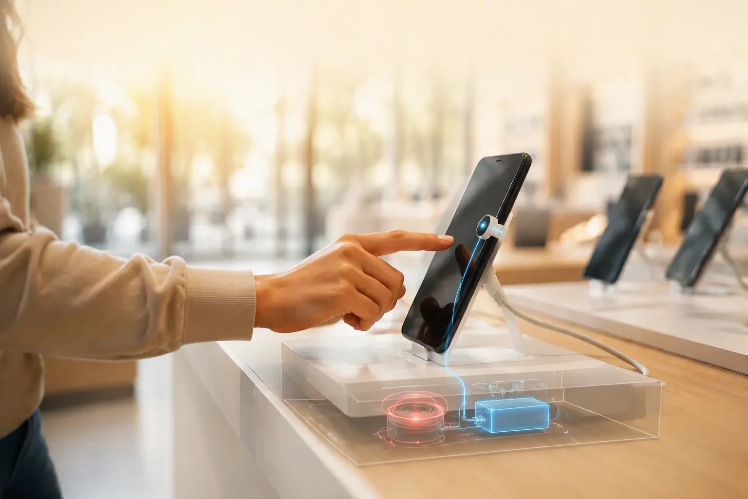 Shopper touching a smartphone secured on an Eastops stand with a visible cutaway of the alarm, battery and sensor protection mechanism