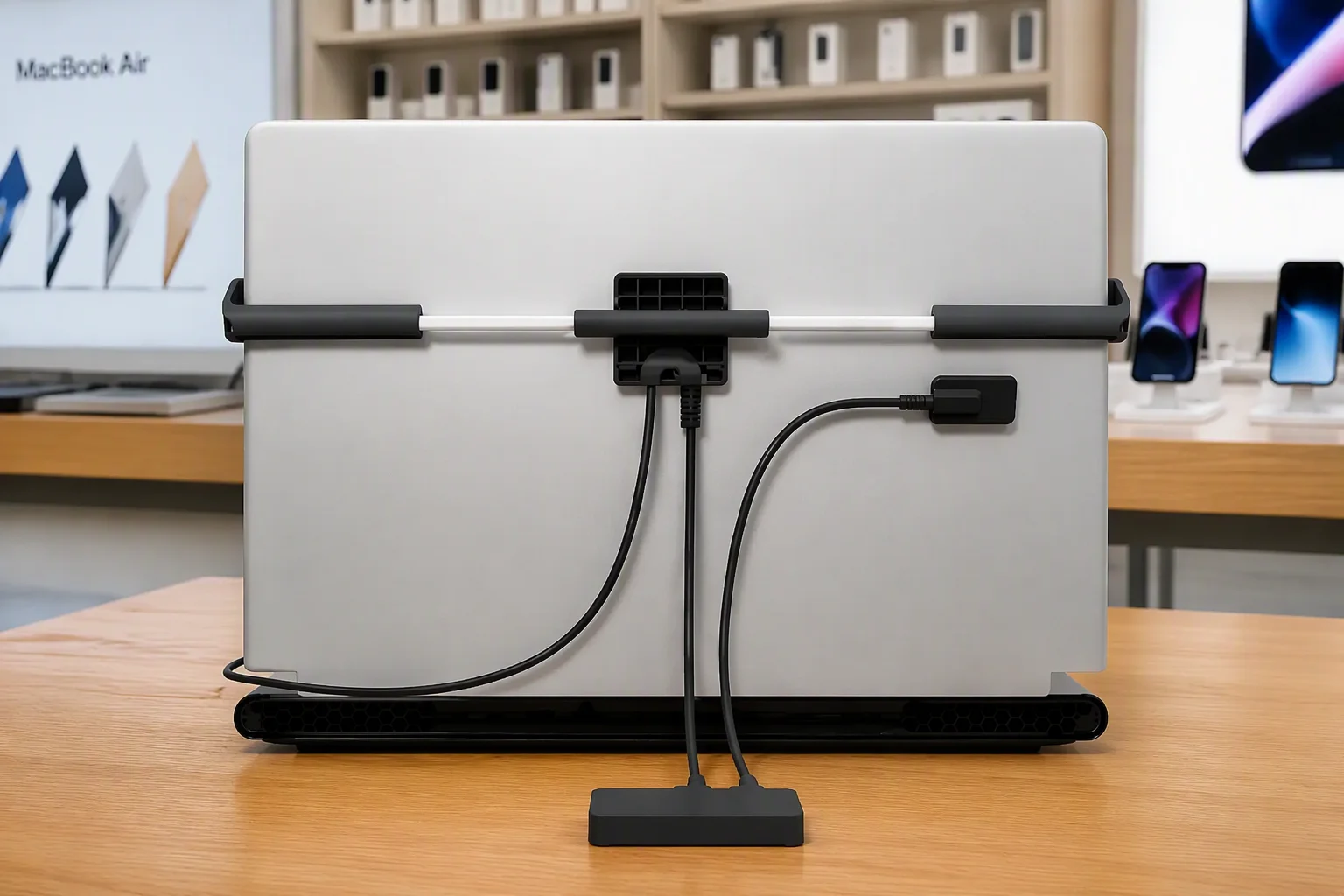 Brand store counter with hidden security adapter hosts