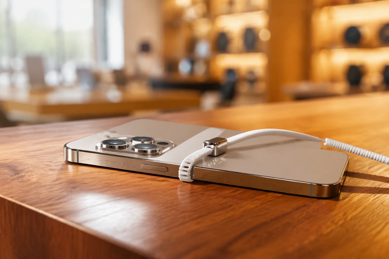 Coiled security cable around a flagship smartphone on a wooden counter